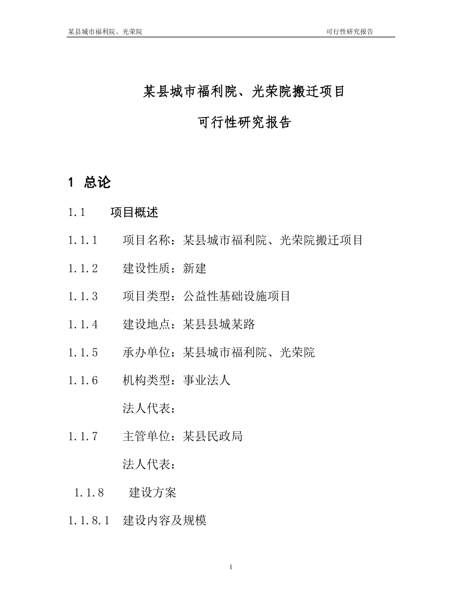 某县城市福利院、光荣院搬迁项目可行性研究报告.doc_第1页