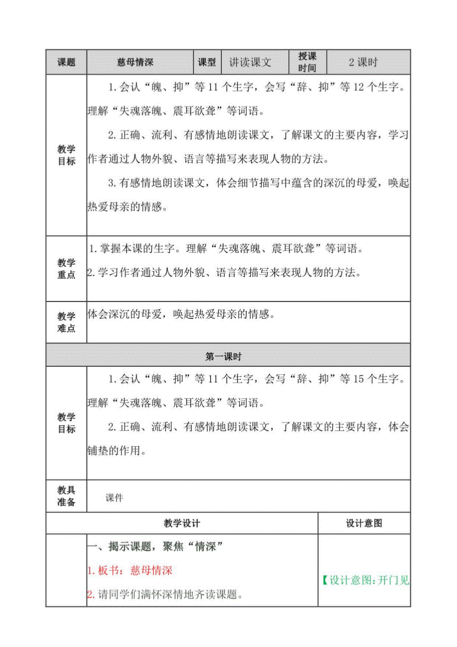 小学语文人教五年级上册（统编2023年更新）慈母情深 教案_第1页