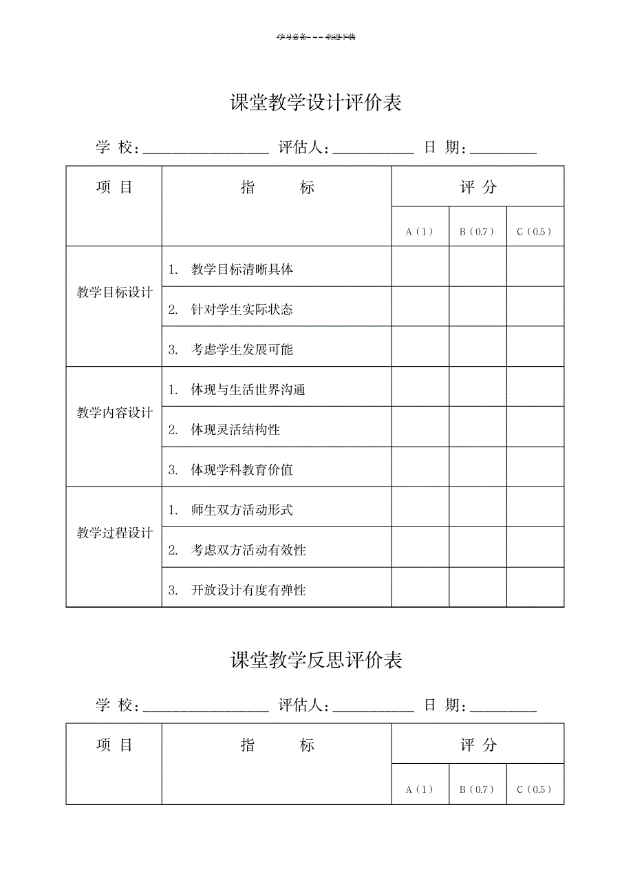 课堂教学设计评价表_中学教育-教学研究_第1页