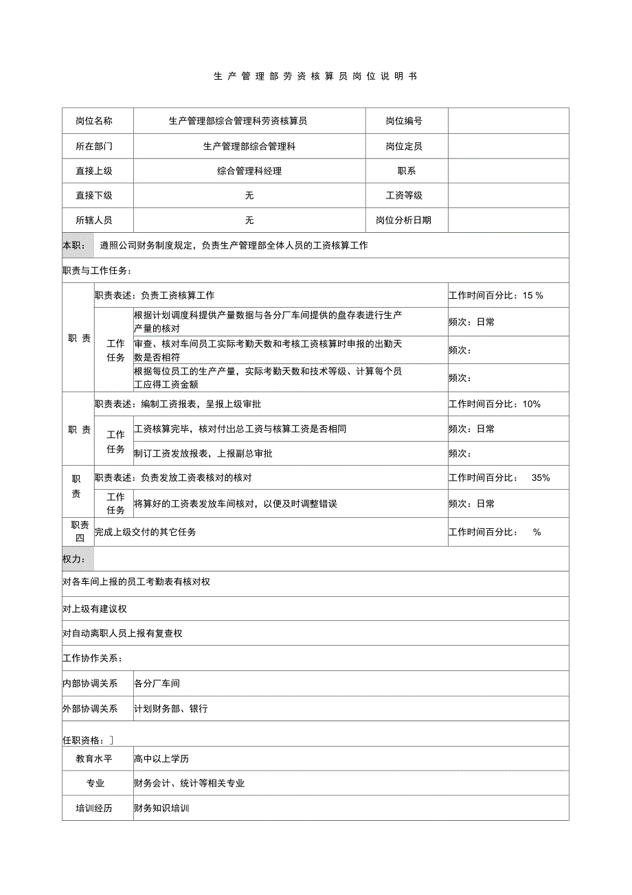 制鞋企业生产管理部劳资核算员岗位说明书_第1页