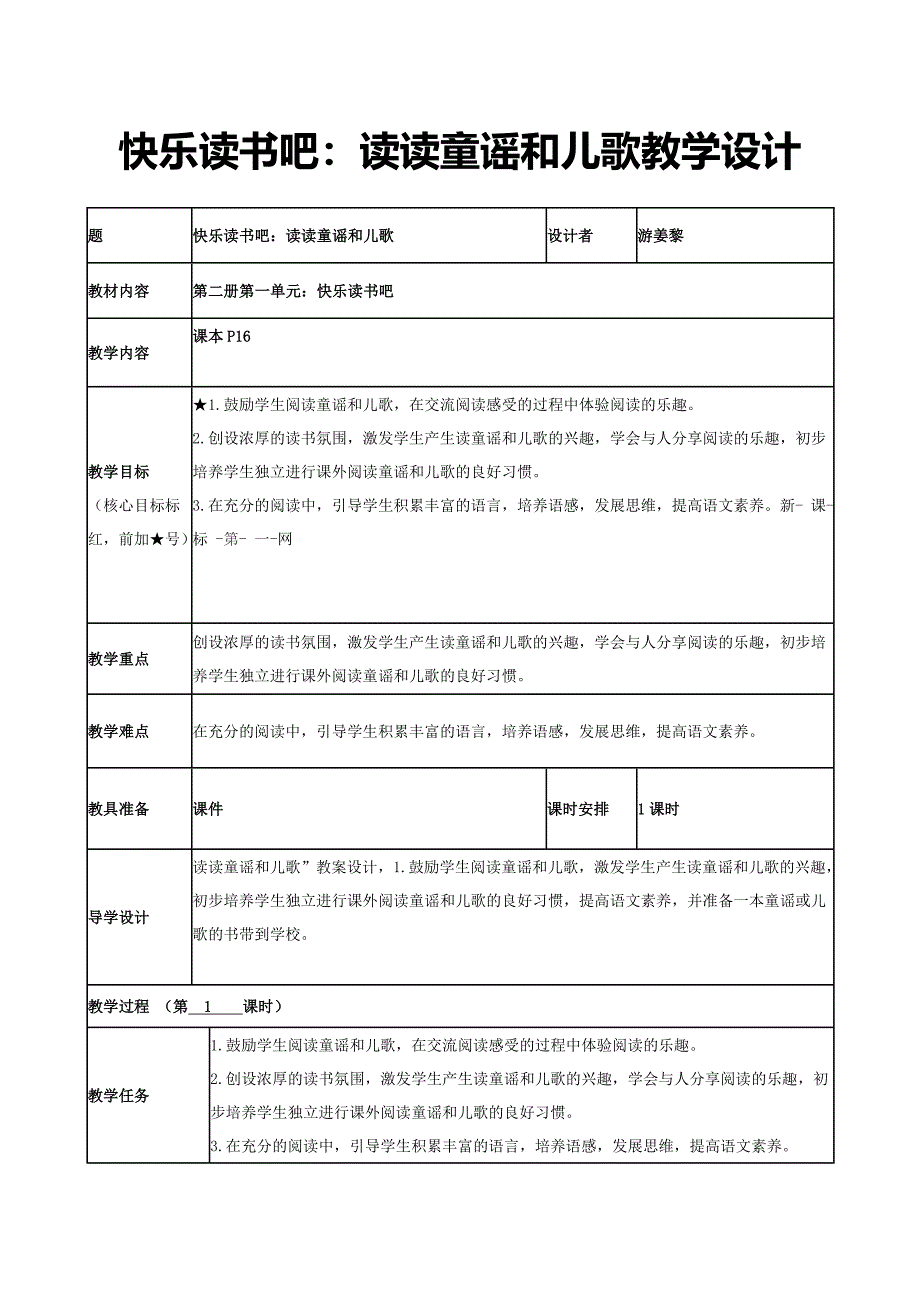 2017一年级语文下册快乐读书吧：读读童谣和儿歌教学设计》导学案1苏教版.doc_第1页