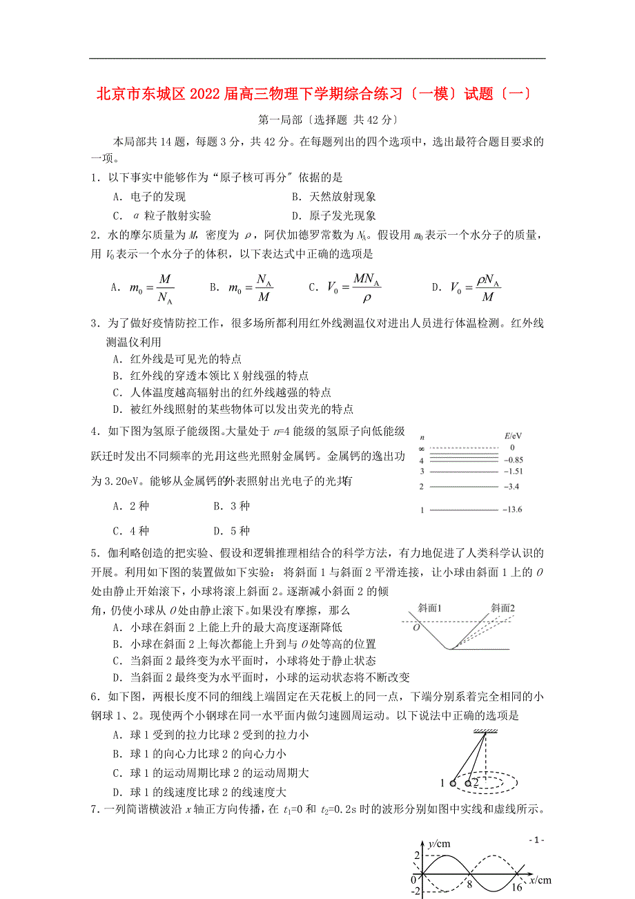 北京市东城区2022届高三物理下学期综合练习一模试题一.doc_第1页