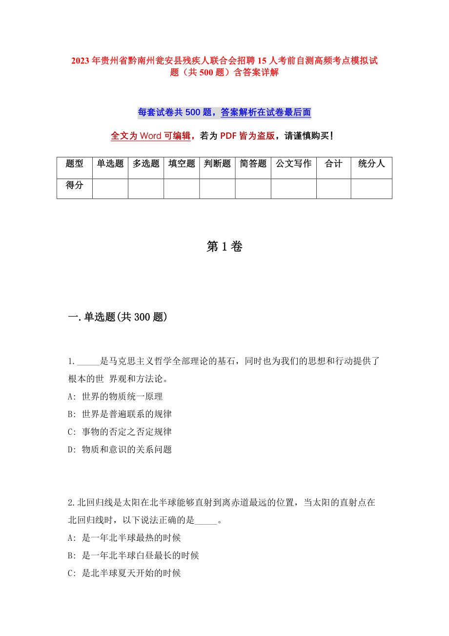 2023年贵州省黔南州瓮安县残疾人联合会招聘15人考前自测高频考点模拟试题（共500题）含答案详解_第1页