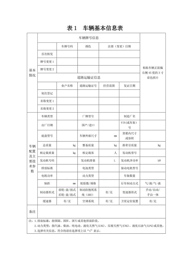 表1车辆基本信息表