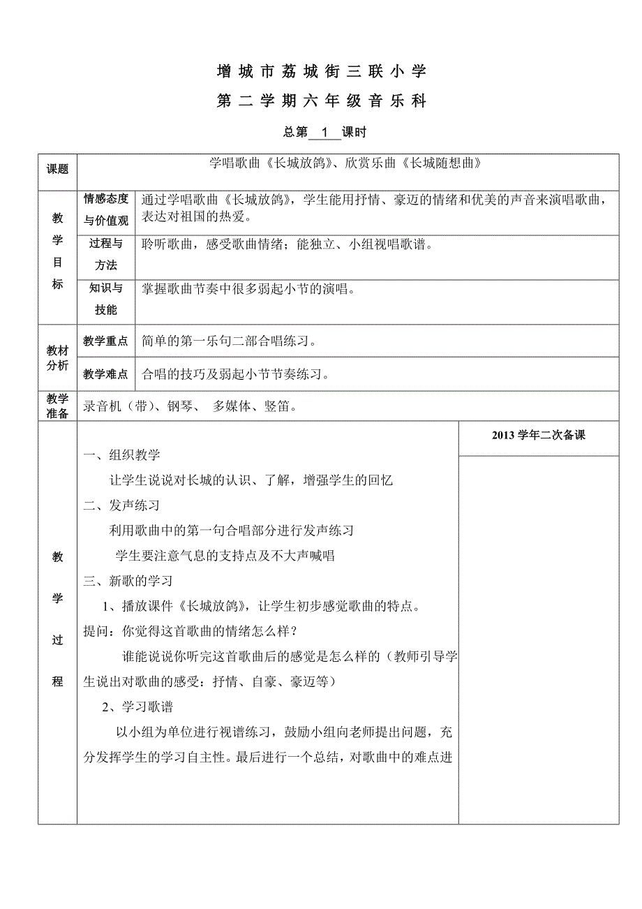 2013学年第二学期六年级音乐备课_第1页