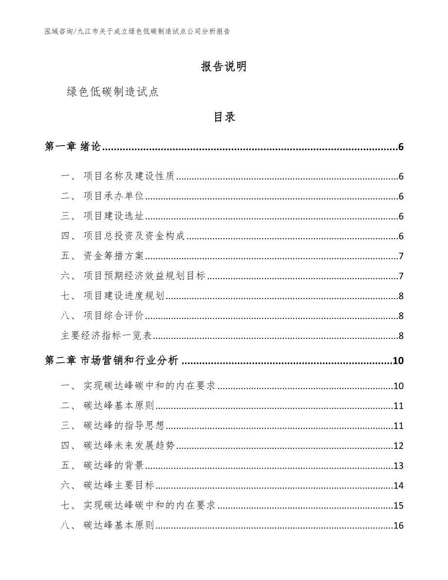 九江市关于成立绿色低碳制造试点公司分析报告_参考范文_第1页