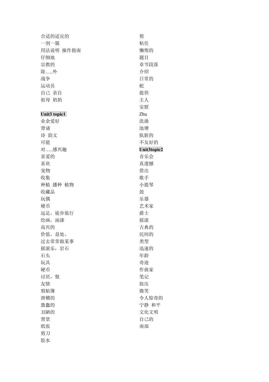 仁爱英语八年级上册单词表(只有中文)_第5页