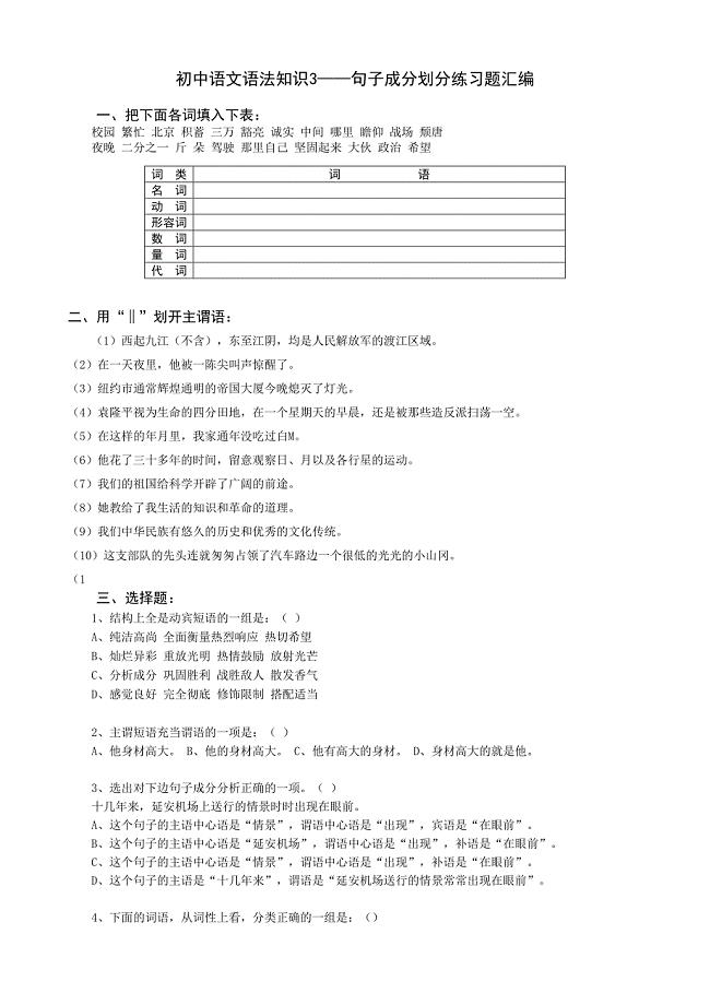 初中语文语法知识(句子成分练习题汇编)[]