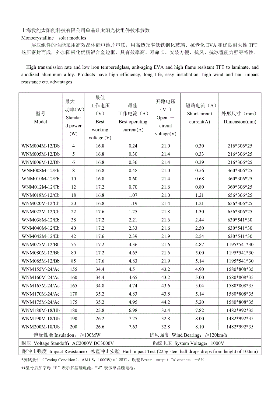 上海我能太阳能科技有限公司单晶硅太阳光伏组件技术参_第1页