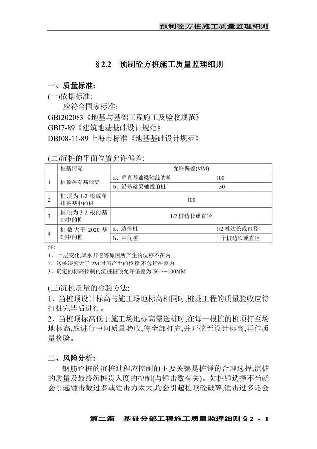 预制砼方桩施工质量监理实施细则范本