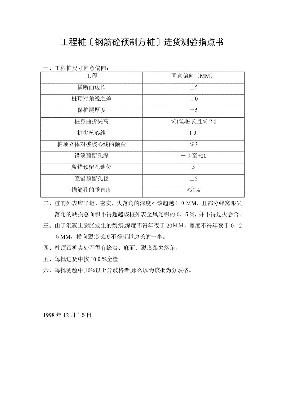 工程桩钢筋砼预制方桩进货检验指导书_第1页