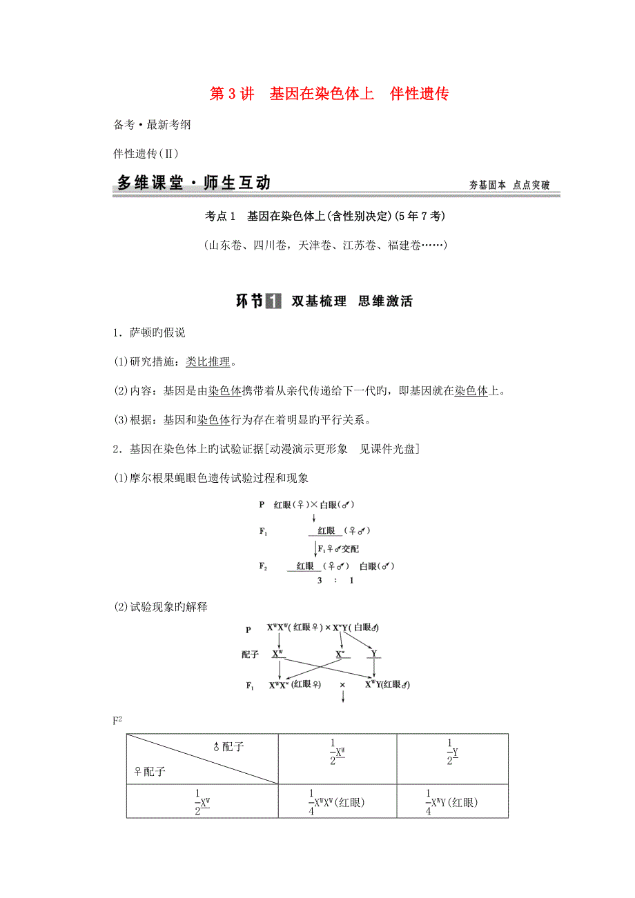 创新设计山东专用高考生物第一单元基因在染色体上伴性遗传教学案新人教版必修_第1页