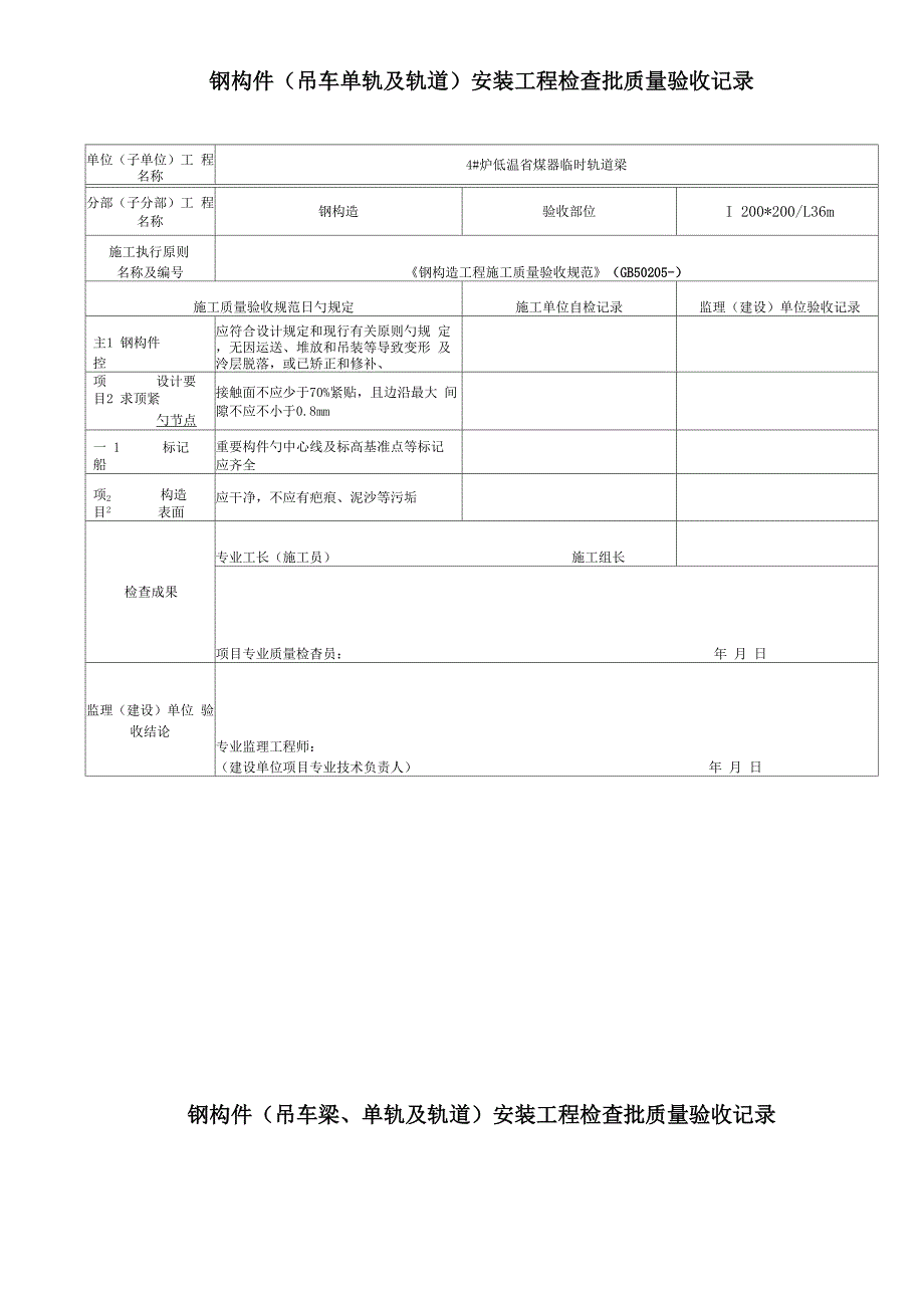 吊车梁单轨及轨道安装关键工程检验批质量验收记录_第1页