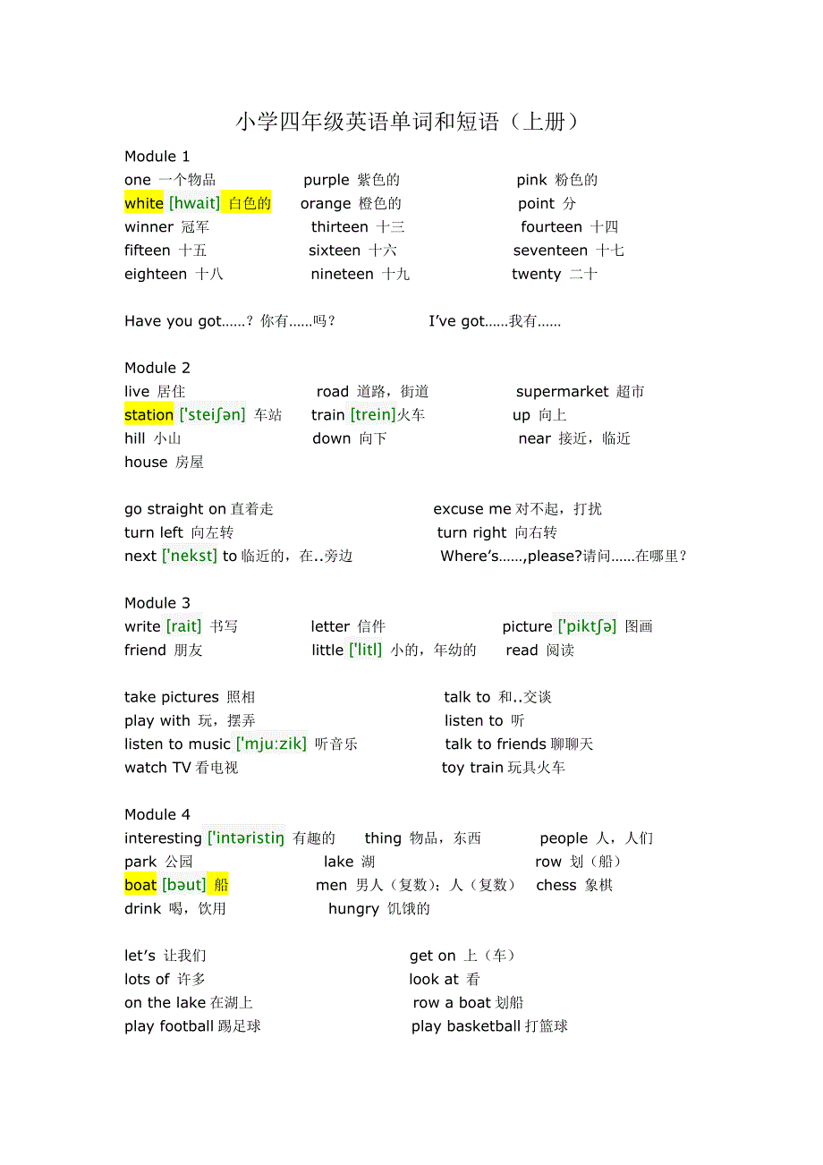 小学四年级英语单词和短语(上册)_第1页