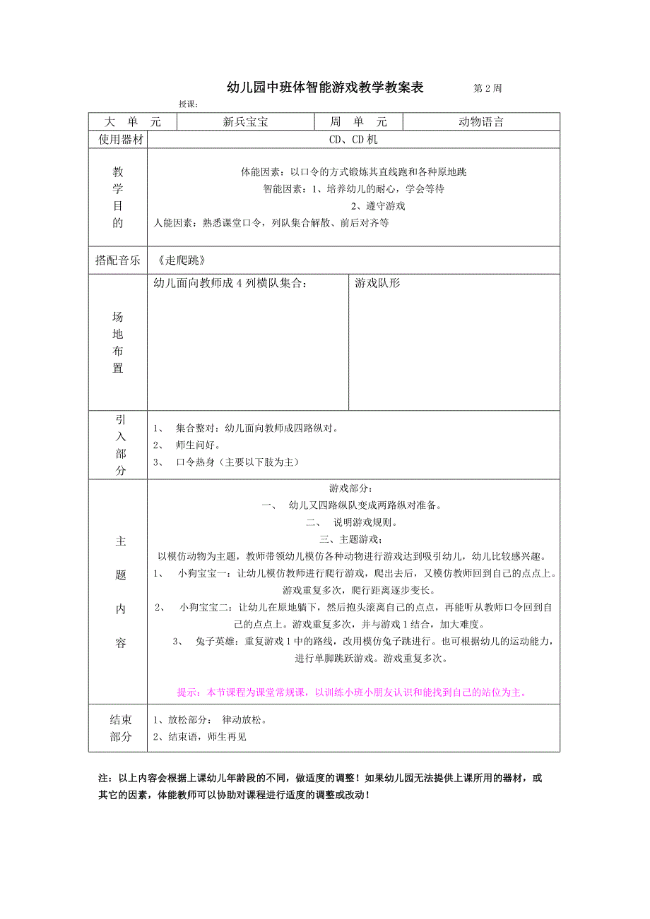 幼儿园中班体智能游戏教学教案表_第2页