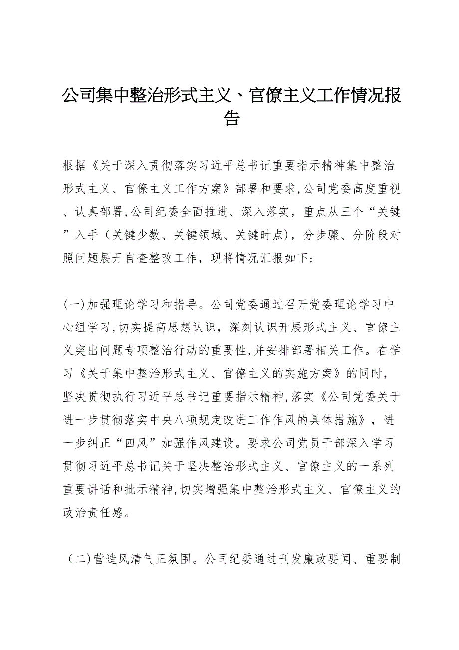 公司集中整治形式主义官僚主义工作情况报告_第1页