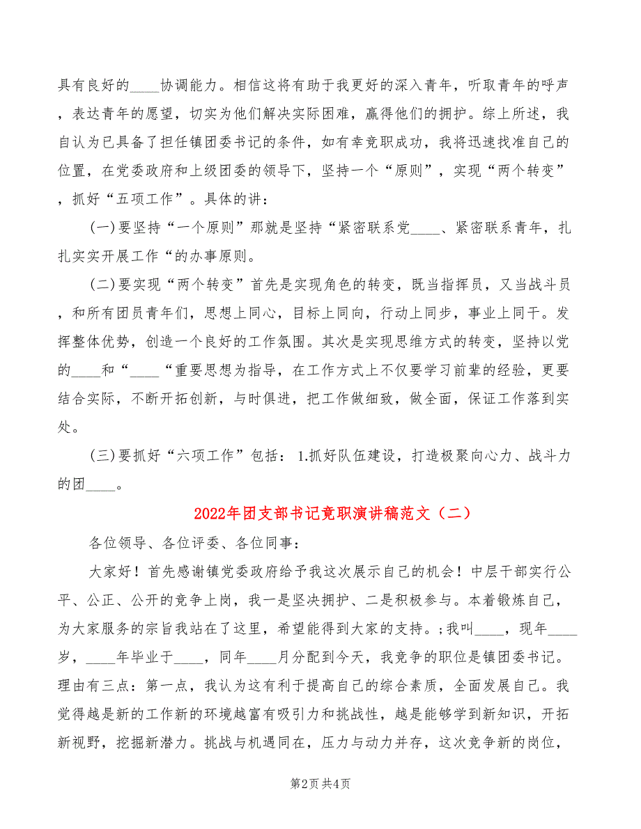 2022年团支部书记竟职演讲稿范文_第2页