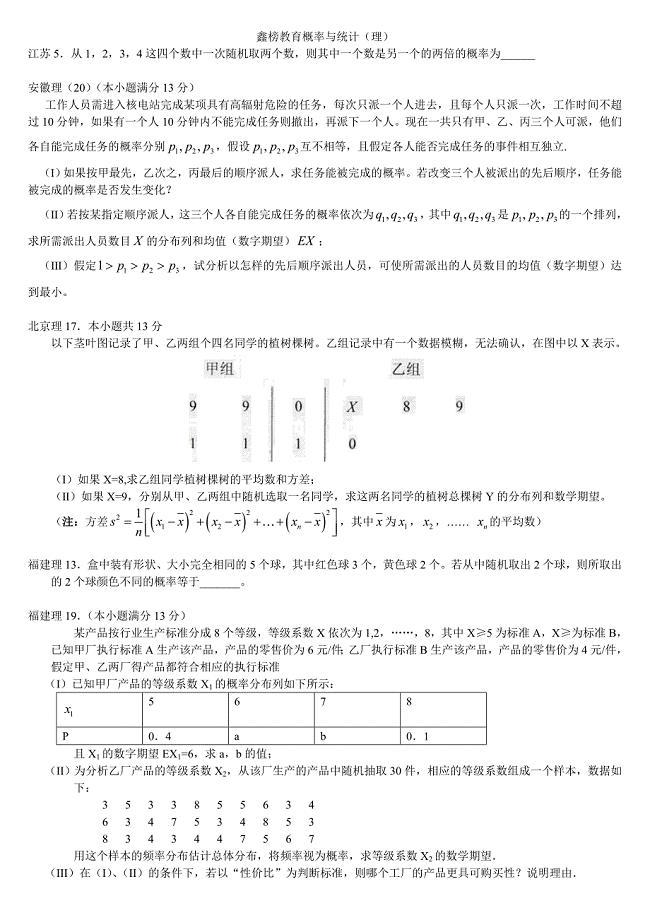 高考数学概率与统计(理科)部分分类汇编