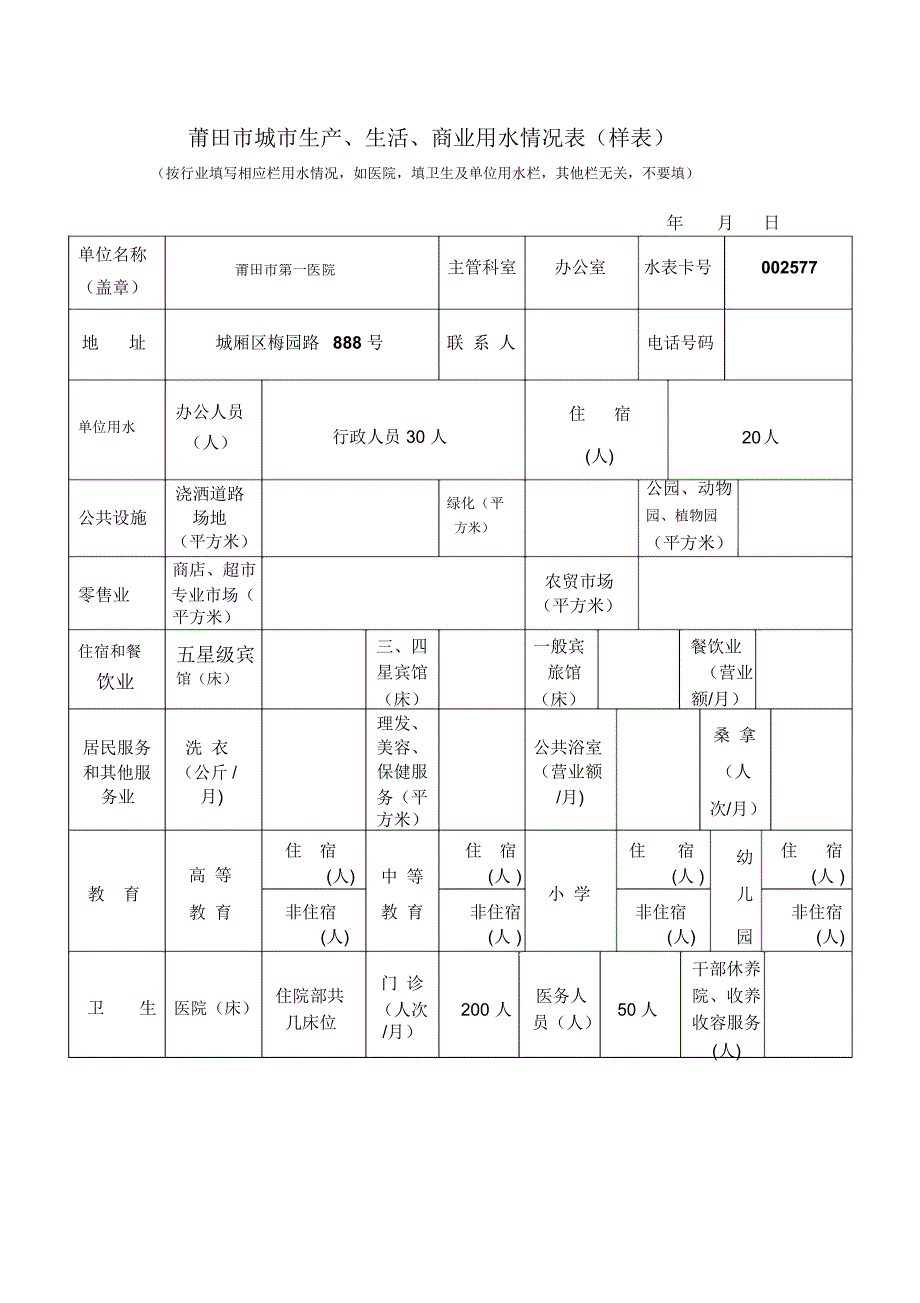 莆田城生产生活商业用水情况表样表_第1页