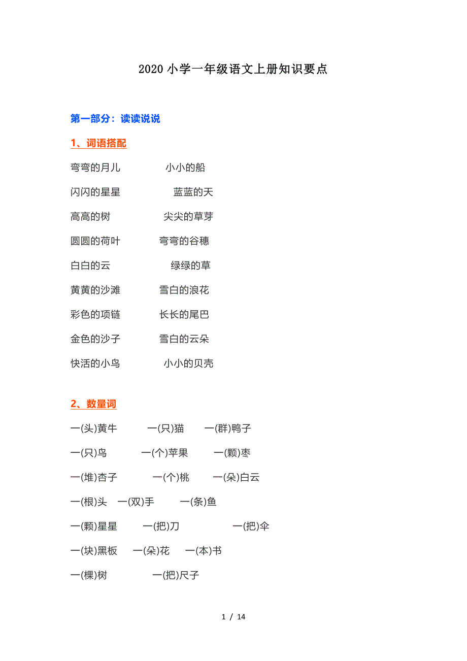 2020小学一年级语文上册知识要点_第1页