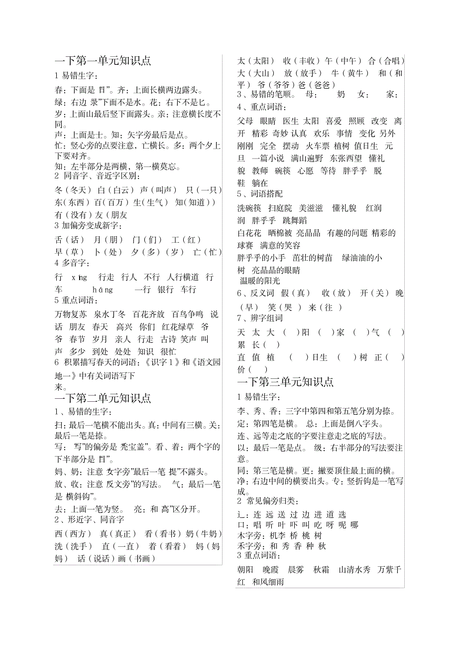 2023年人教版一年级语文下册知识点归纳总结梳理_第1页