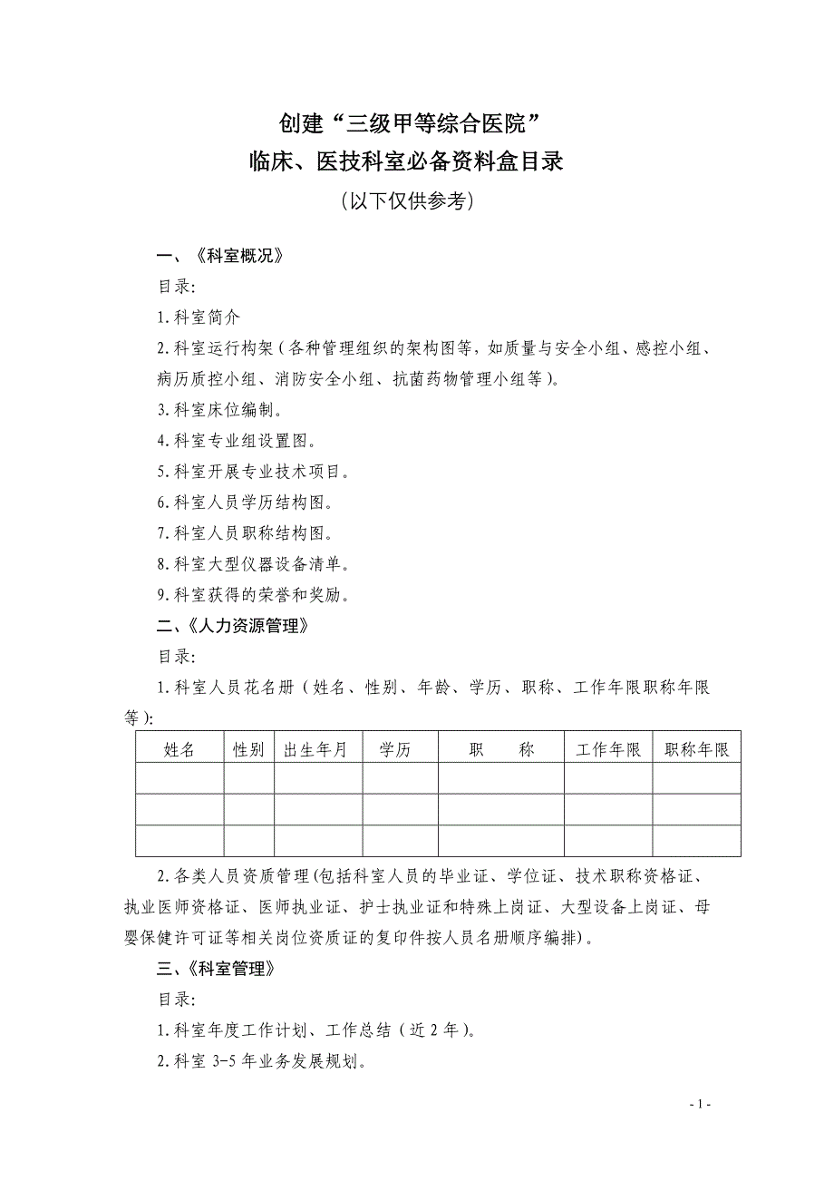 三甲医院评审科室二十四个档案目录(发科室)_第1页