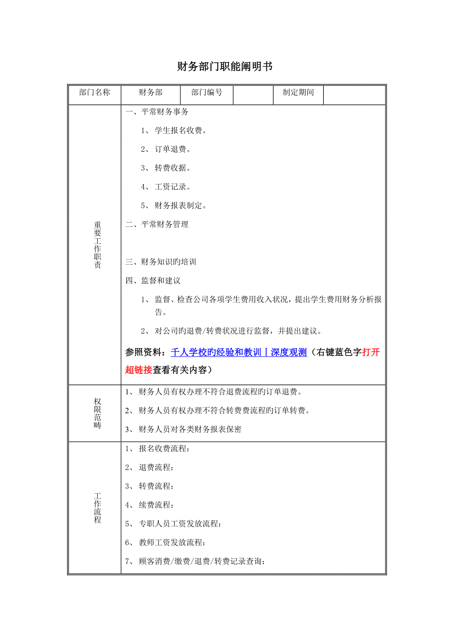 教育培训机构财务部门职能说明书.docx_第1页