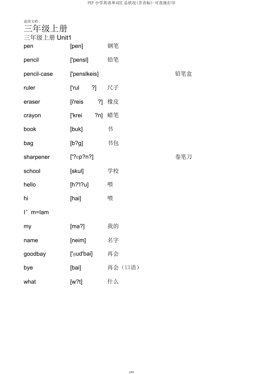 PEP小学英语单词汇总情况(含音标)可直接打印.doc_第1页