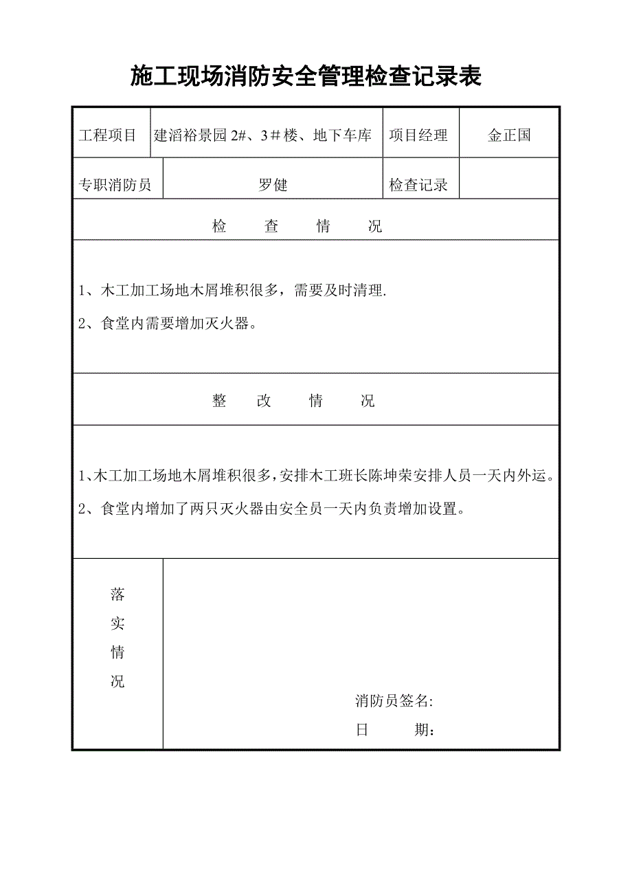 施工现场消防安全管理检查记录表_第1页