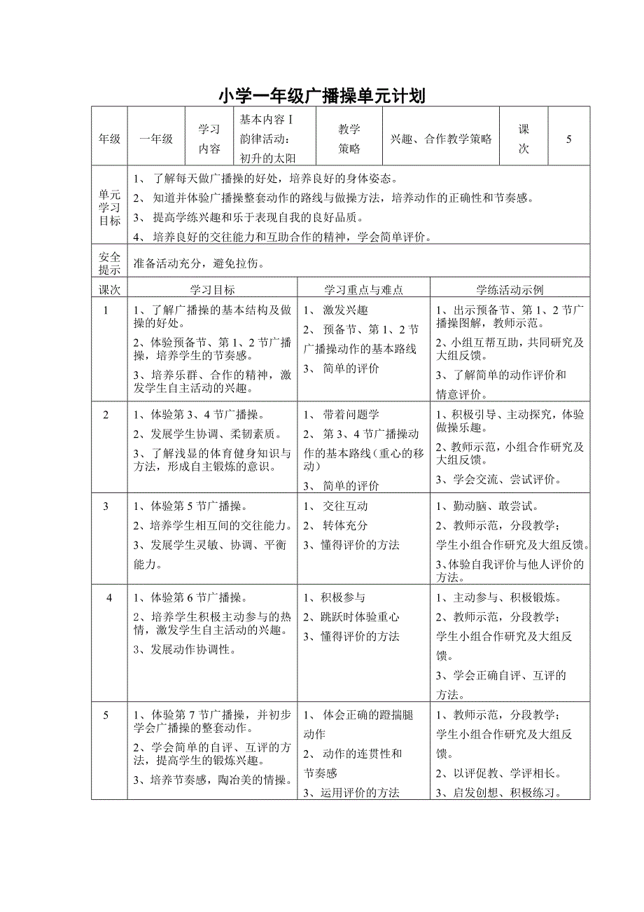 小学一年级广播操单元计划_第1页