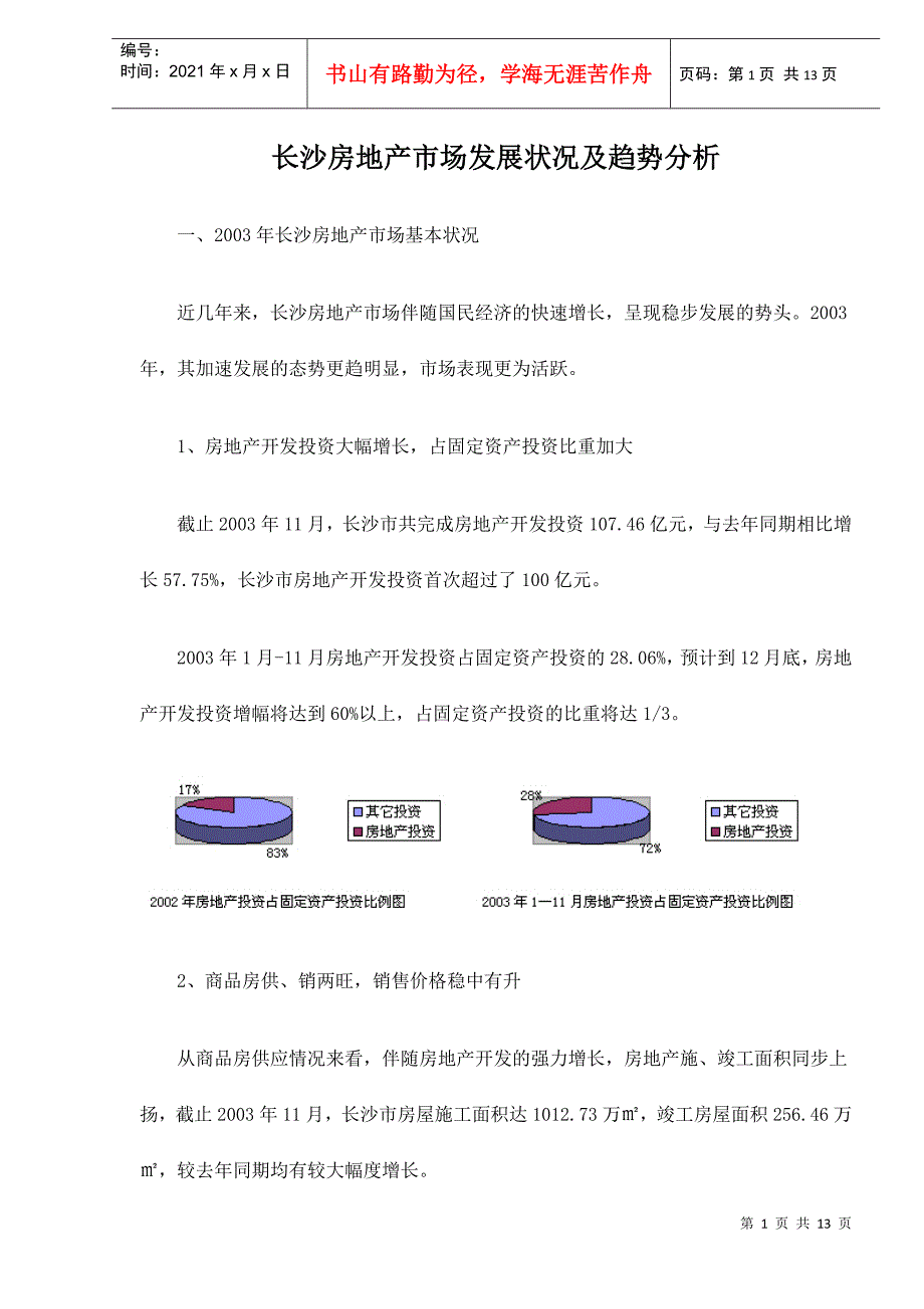 长沙房地产市场发展状况及趋势分析13(1)_第1页