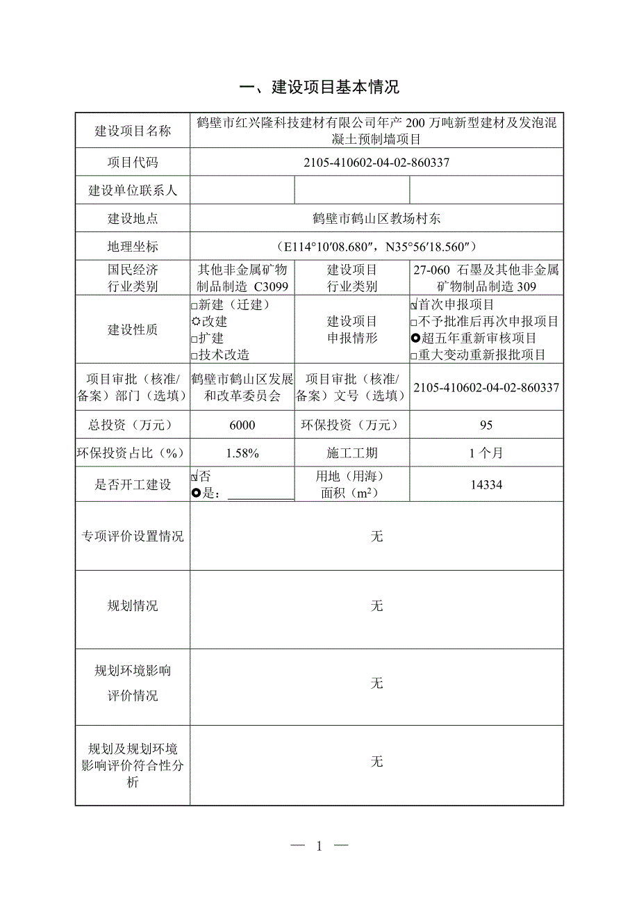 鹤壁市红兴隆科技建材有限公司年产200万吨新型建材及发泡混凝土预制墙项目环境影响报告.doc_第1页