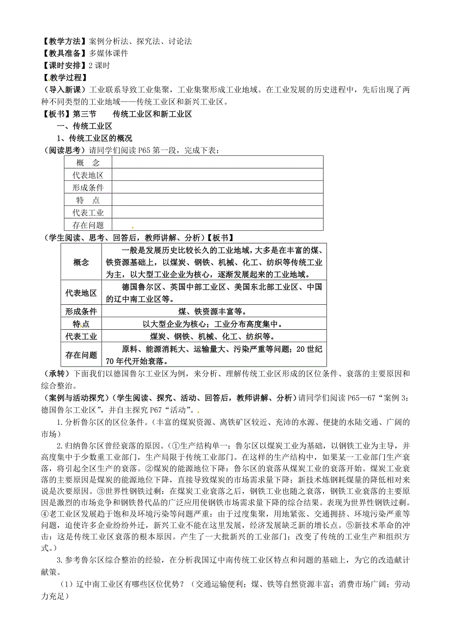 【精品】福建省漳州市芗城中学高中地理 4.3传统工业区与新工业区教案 新人教版必修2_第2页