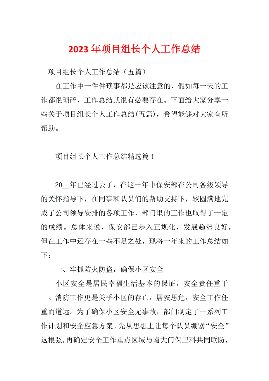 2023年项目组长个人工作总结_第1页