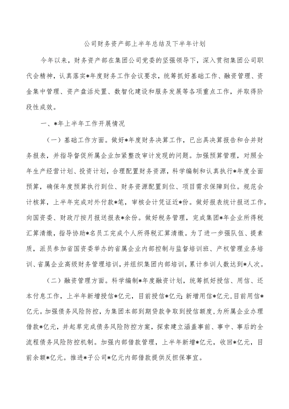 公司财务资产部上半年总结及下半年计划_第1页