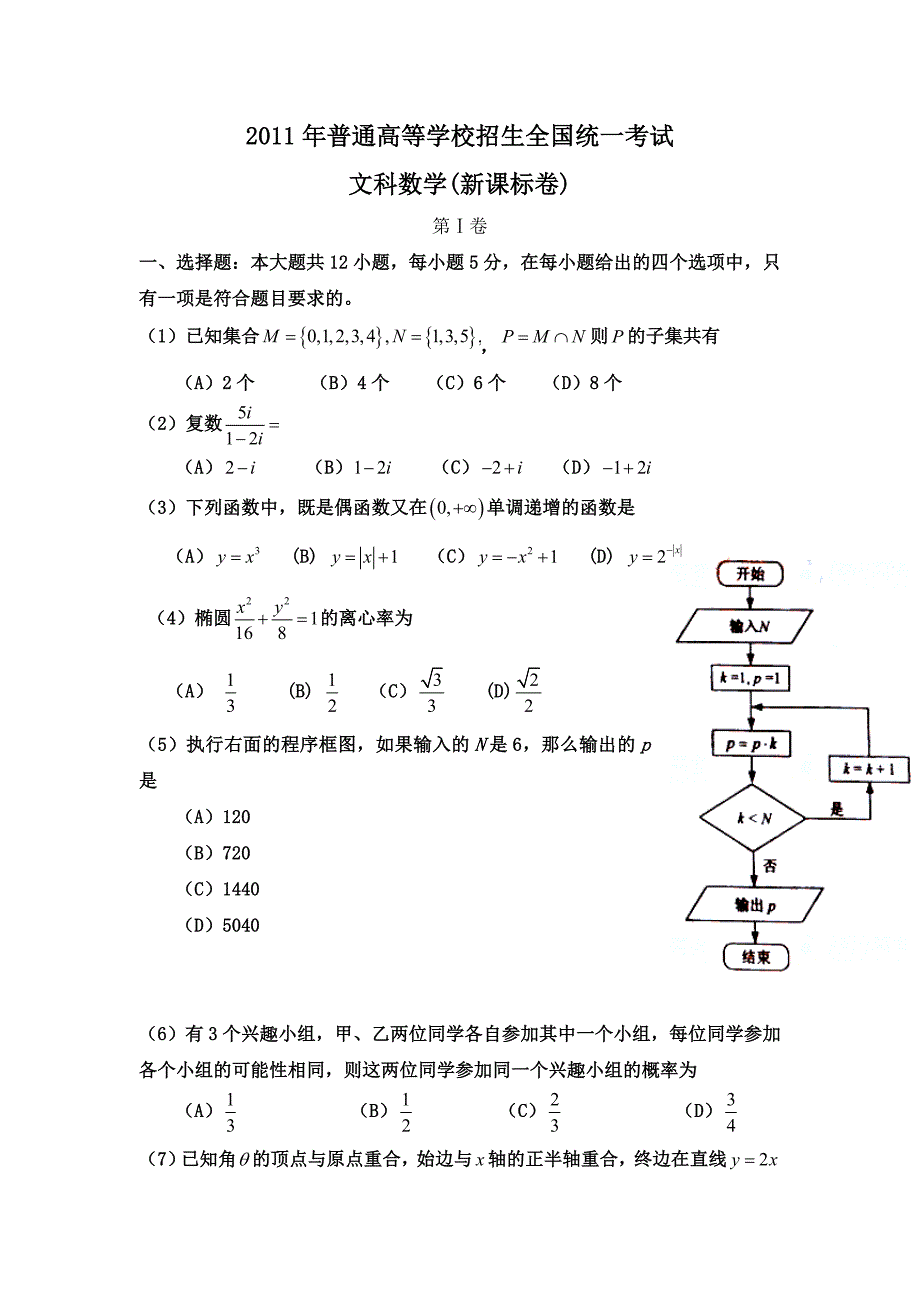 2011年普通高等学校招生全国统一考试文科数学(新课标卷).doc_第1页