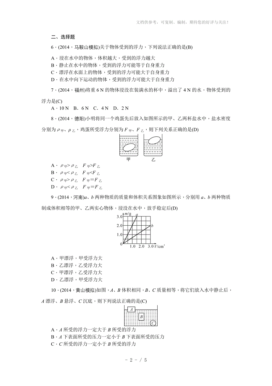 2015届中考物理(安徽)总复习：第12讲《浮力》测试(含答案)_第2页