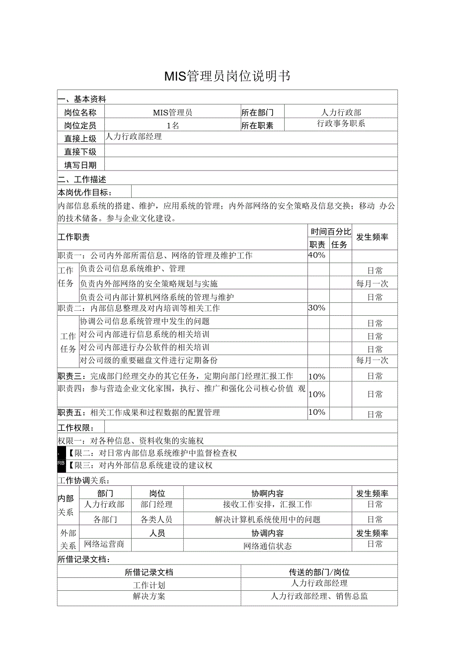 MIS管理员岗位说明书_第1页