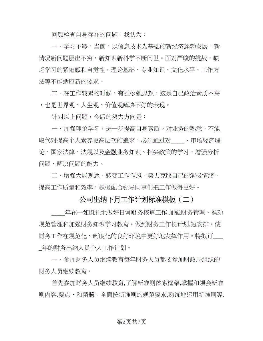 公司出纳下月工作计划标准模板（五篇）.doc_第2页