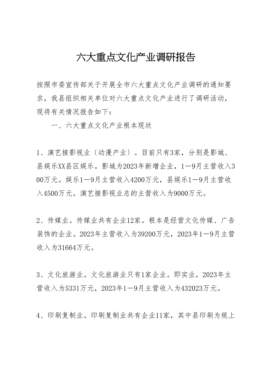 2023年六大重点文化产业调研报告.doc_第1页