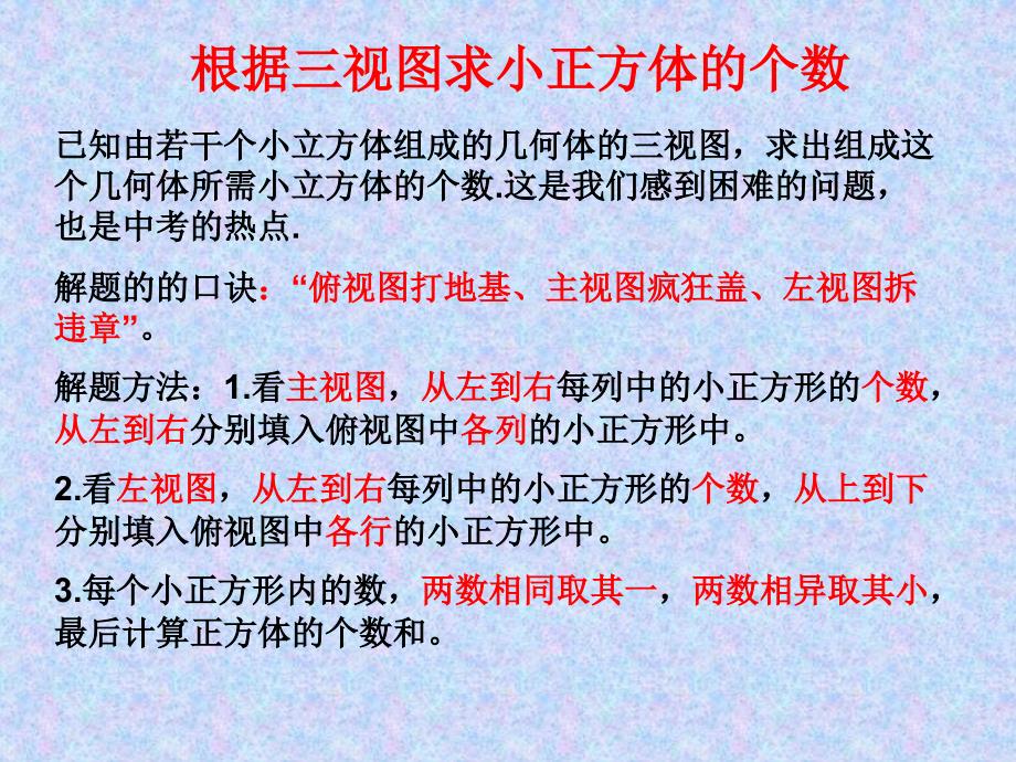 根据三视图求小正方体的个数(期中复习用)课件_第1页