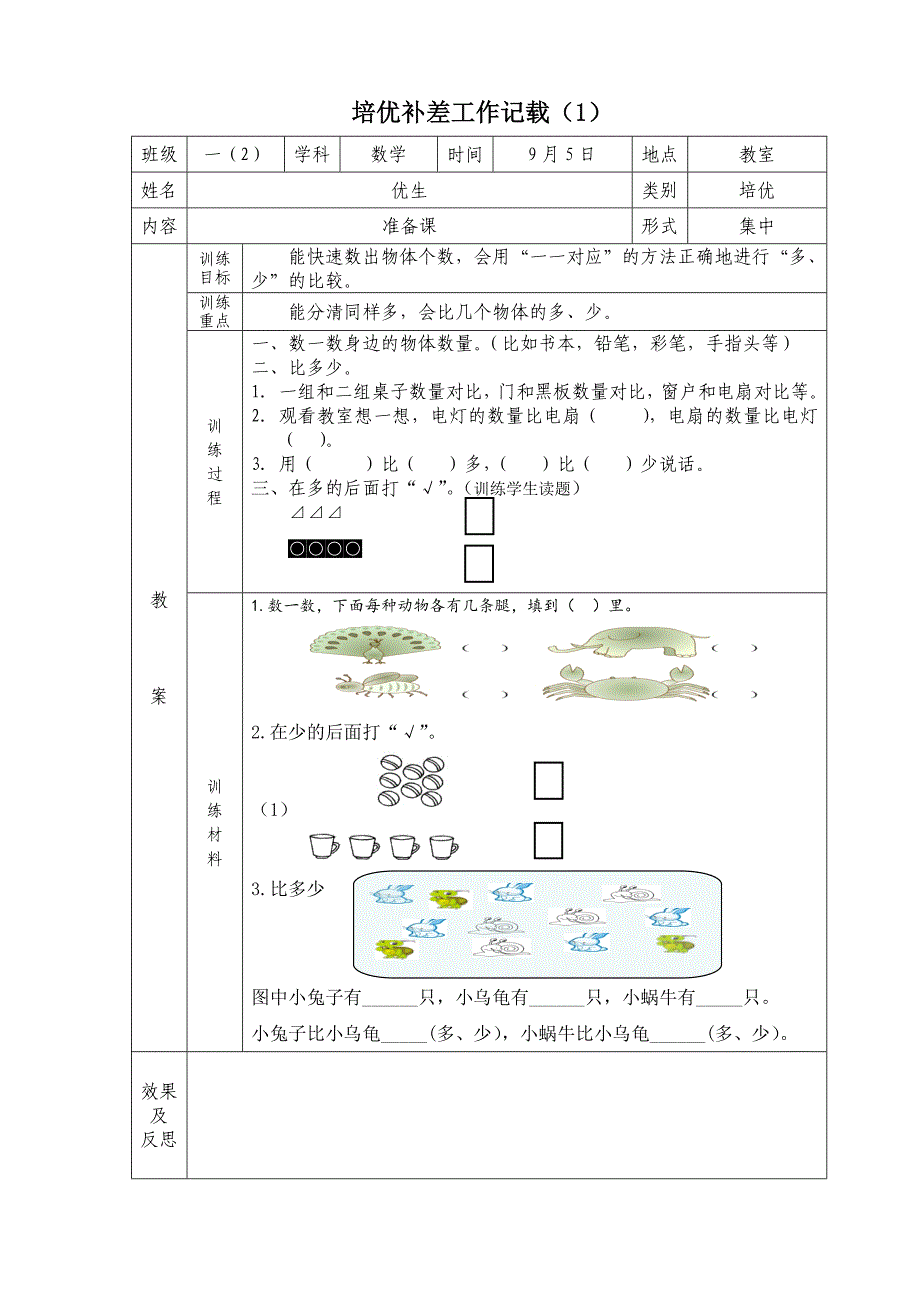 一年级上册数学培优补差工作记载.doc_第1页