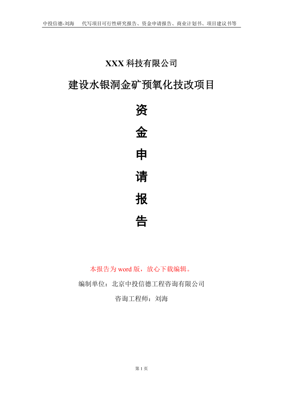 建设水银洞金矿预氧化技改项目资金申请报告写作模板_第1页