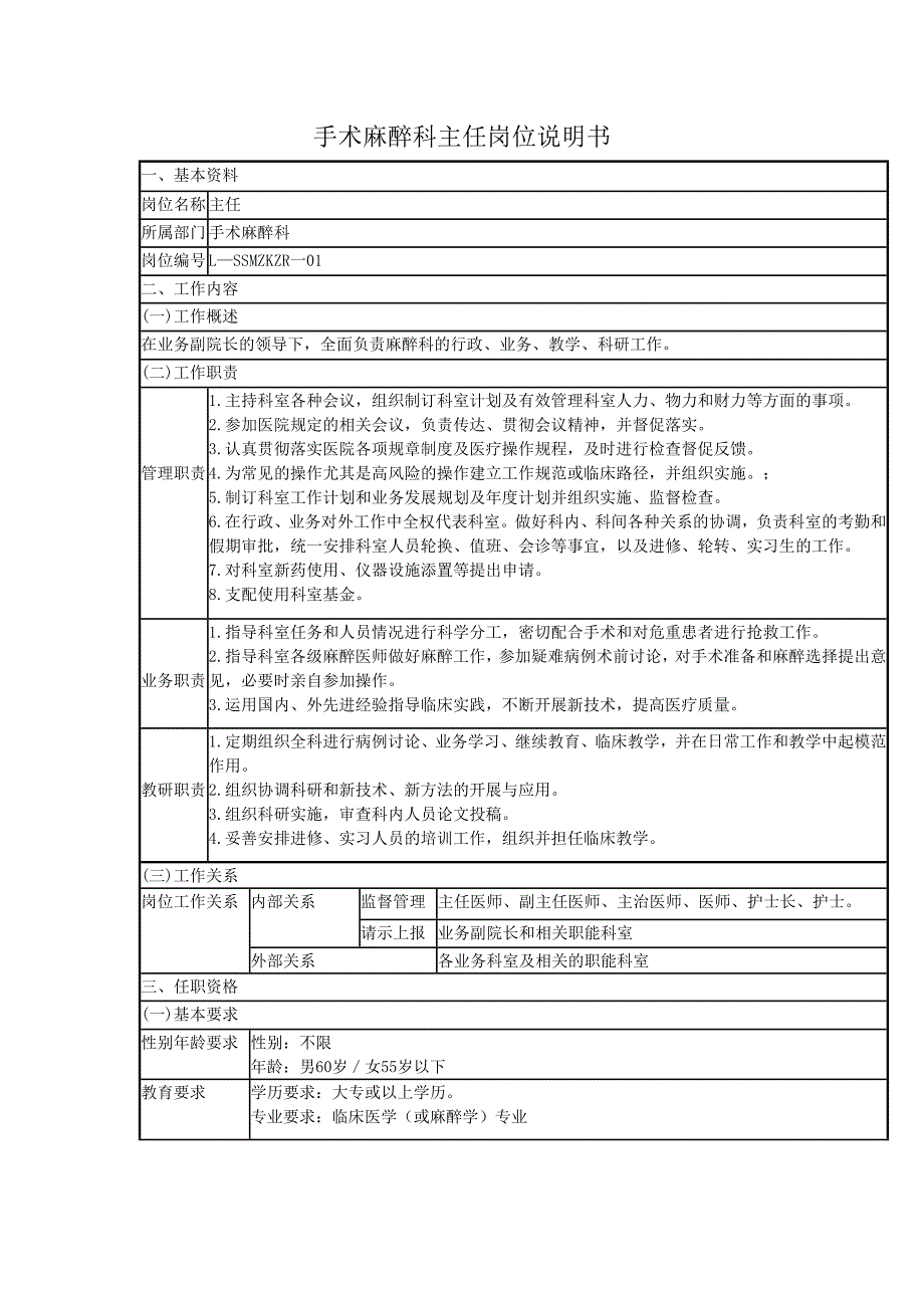 手术麻醉科岗位说明书概要1_第1页