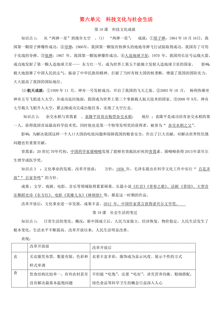 八年级历史上册第六单元科技文化与社会生活知识点总结新人教版_第1页