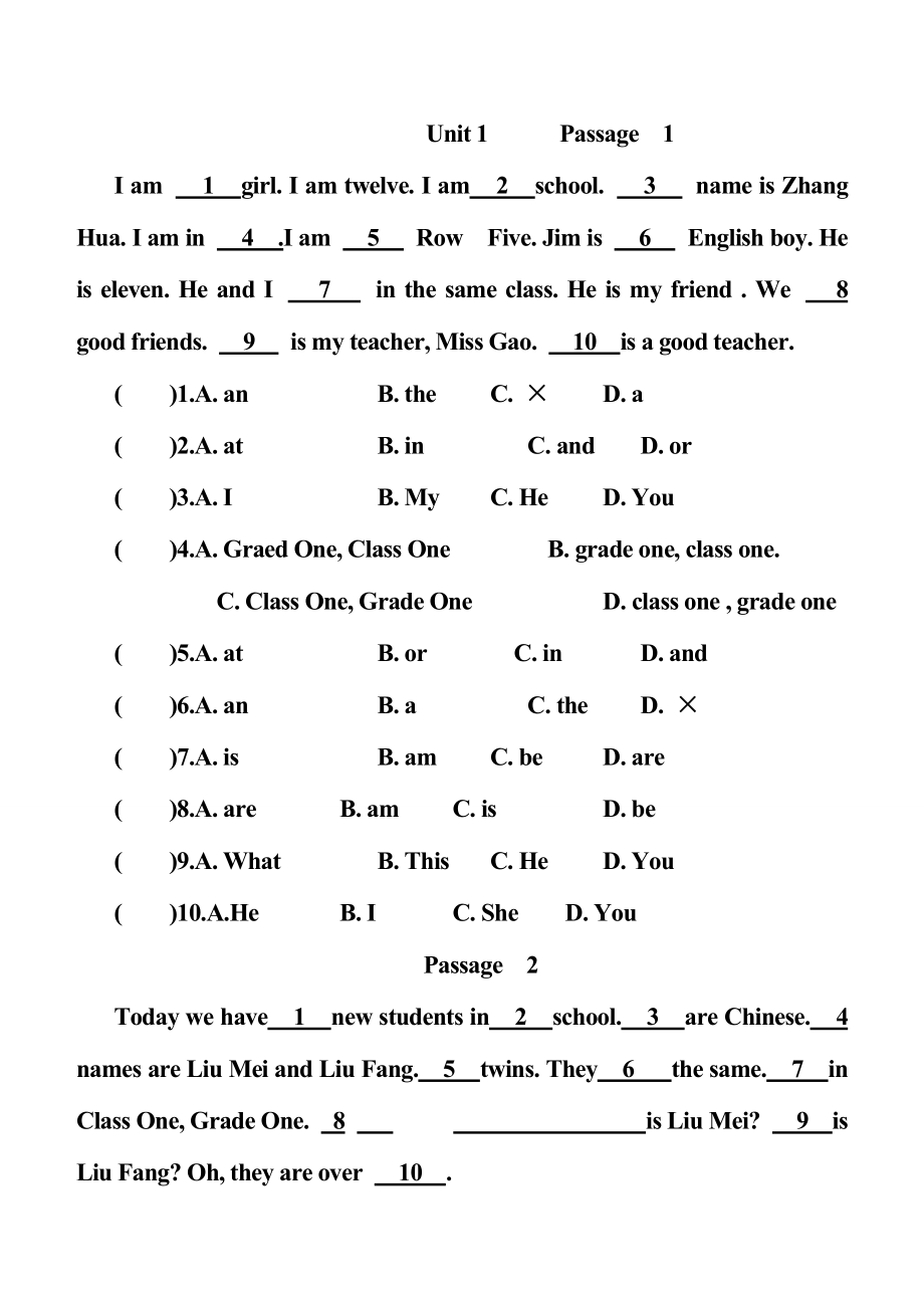 小学英语完形填空训练100篇-74页+答案.doc_第1页