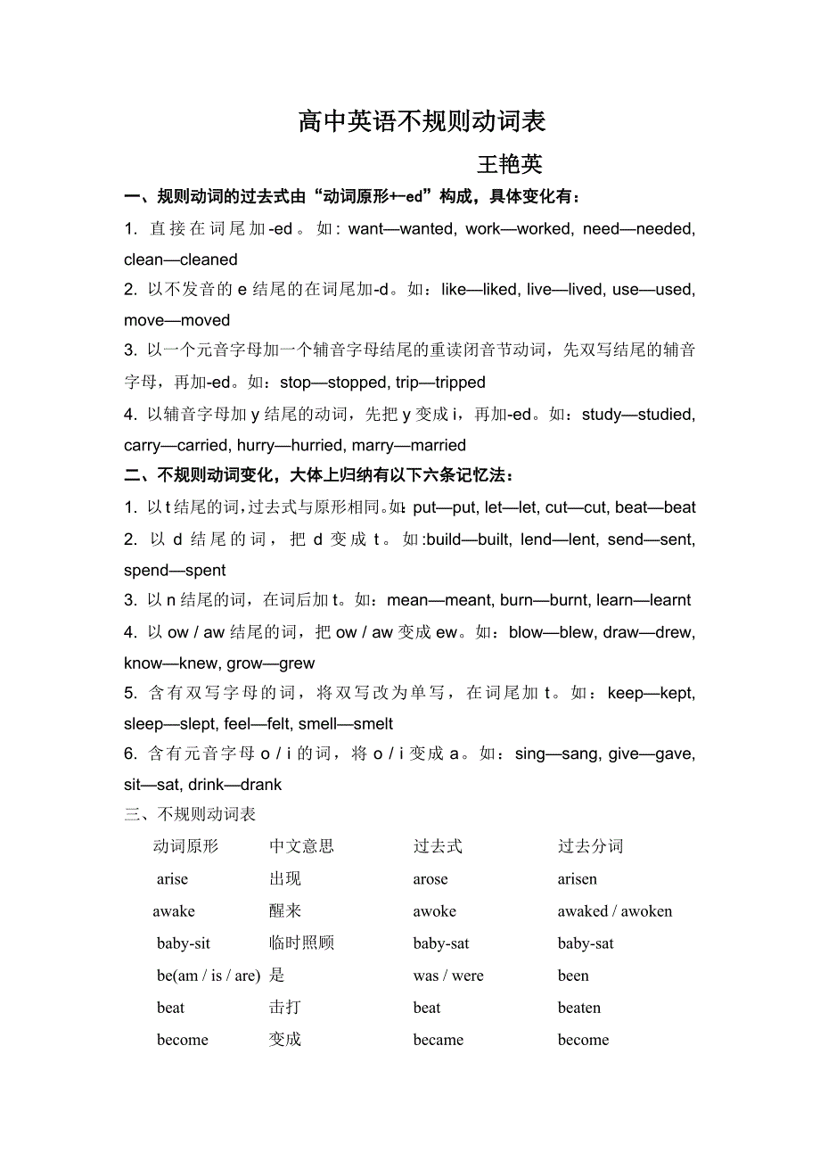 高中英语不规则动词表_第1页