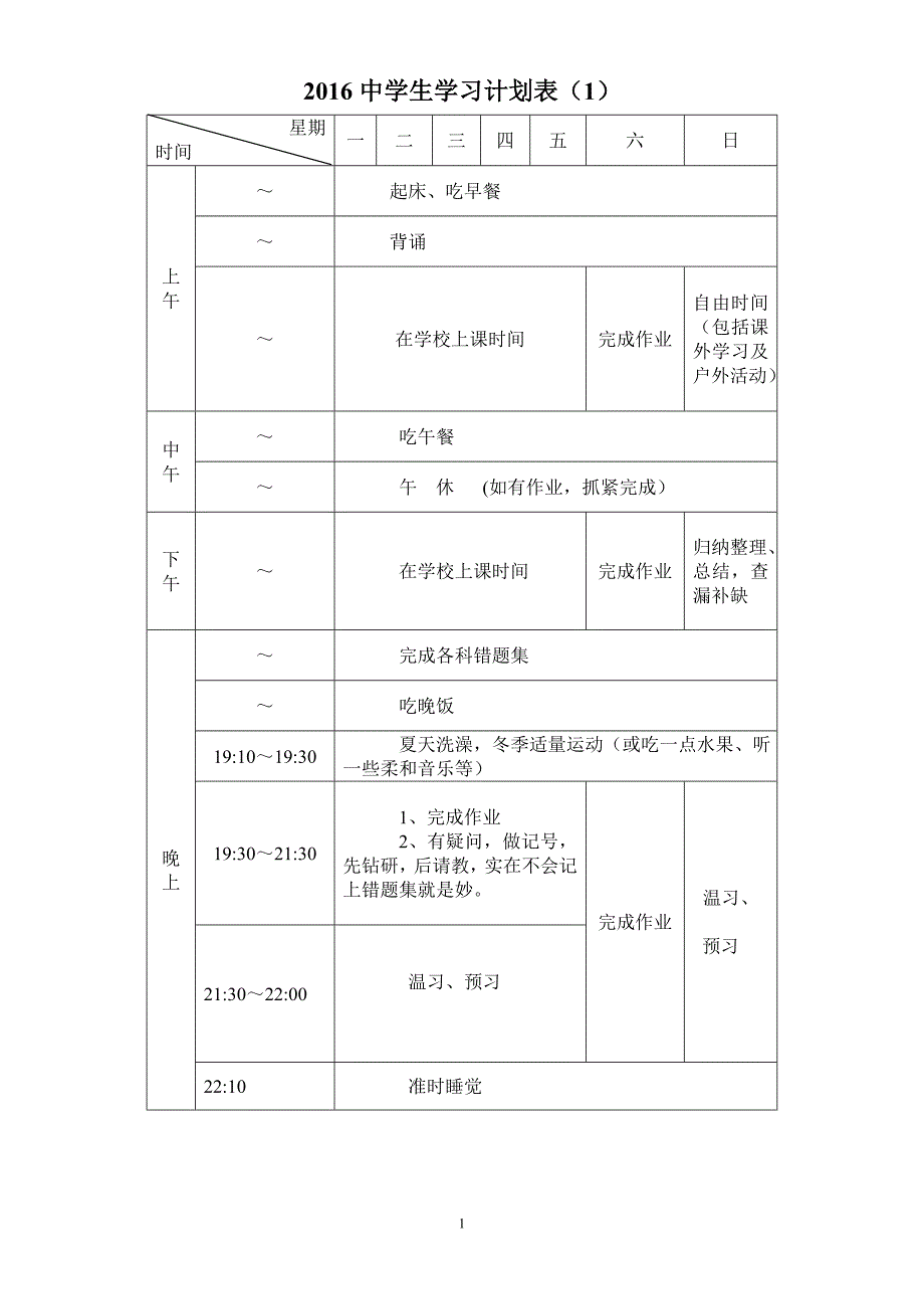 各种中学生学习计划表很全面.doc_第1页