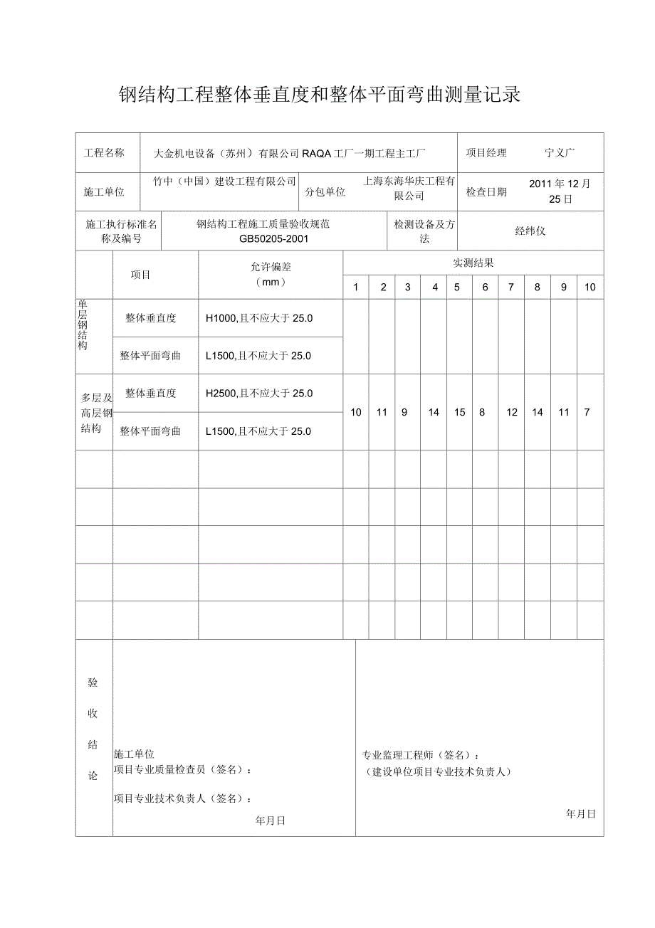 钢结构工程整体垂直度和整体平面弯曲测量记录_第1页