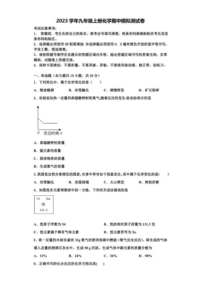 上海市杨浦区九级第一期期末一模考试2023学年化学九年级第一学期期中教学质量检测试题含解析.doc